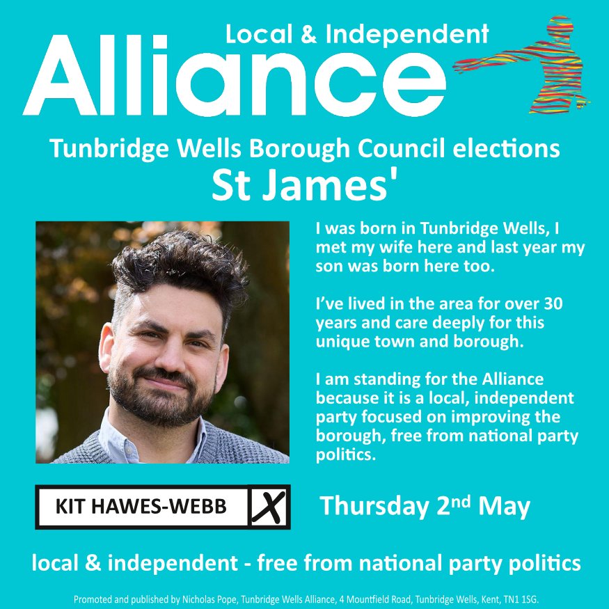 TWellsAlliance's tweet photo. Kit Hawes-Webb is standing for election in the Tunbridge Wells Borough Council elections in St James' ward.

local &amp; independent - free from national party politics - The Alliance

#localelections2024 #twbc #boroughcouncil #alliance #twalliance #candidates2024 https://t.co/Lf7laSXn8s