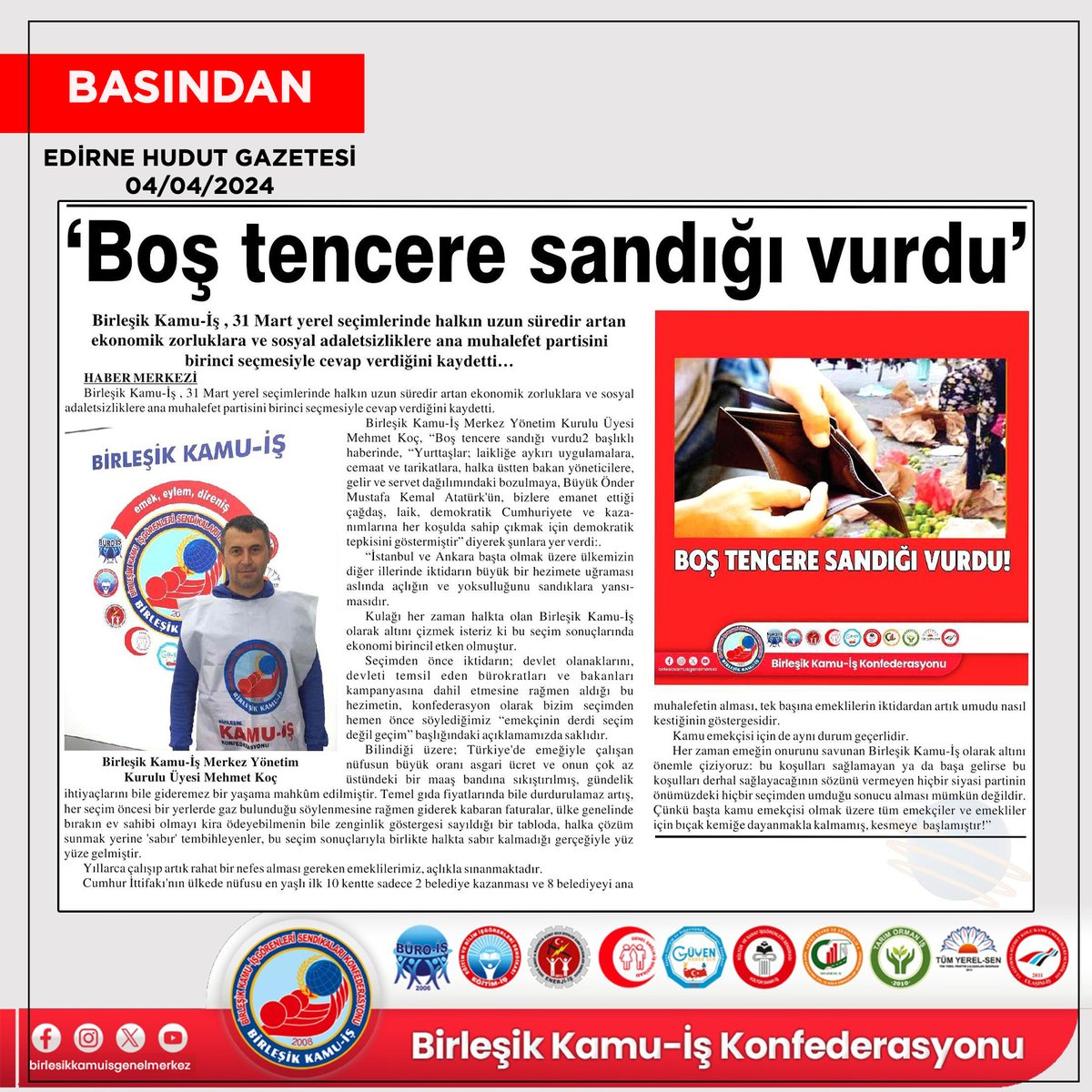 Konfederasyonumuz basın açıklaması: 'Boş tencere sandığı vurdu' @hudutgazetesi22 @mehmetkoc #boştencere #sandık #yerelseçimBasında