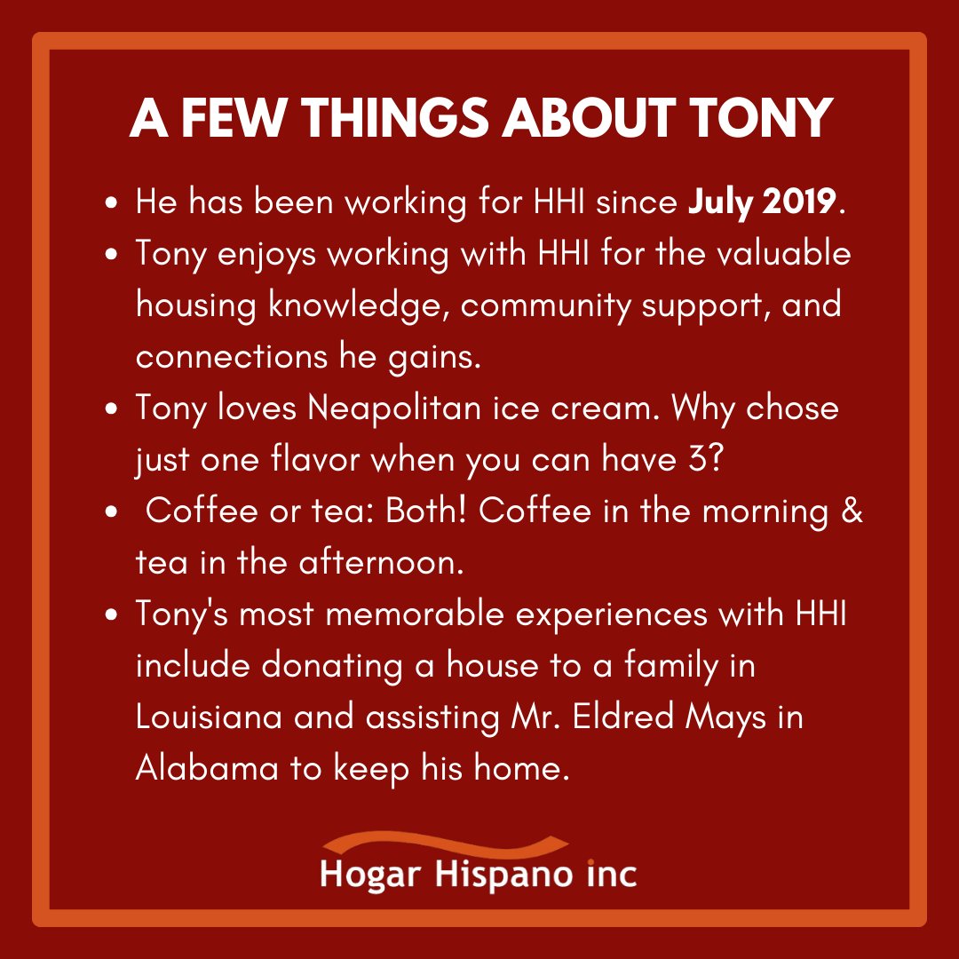 👋Meet Tony! 🏡🧡With a passion for real estate, he's the powerhouse behind Hogar Hispano, Inc.'s property program. From acquisition to renovation to sale, he's committed to turning homeownership dreams into reality.💼

#HogarHispanoInc #MeetOurTeam