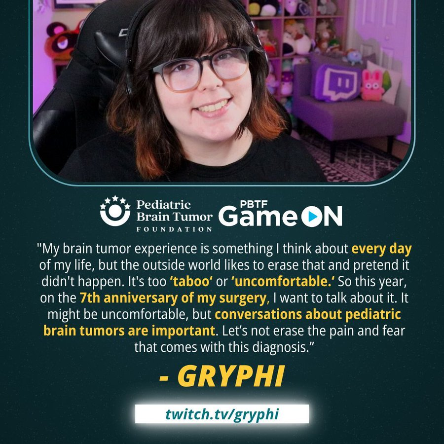 On April 7th at 12pm ET, join pediatric brain tumor survivor &amp; content creator <a href="/Gryphi/">Gryphi 🦋</a> in celebrating the 7th anniversary of their tumors’ “eviction,” as they like to say. Read their story at curethekids.org/story/gryphi-p… &amp; mark this milestone by watching &amp; donating towards their goal!