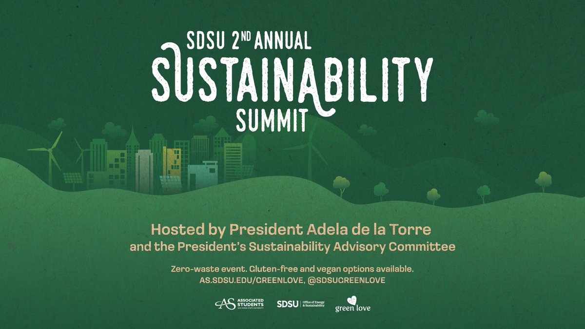 Join us for @SDSU’s 2nd Annual Sustainability Summit, a one-of-a-kind, zero-waste event dedicated to exploring and promoting sustainable practices. 🗓️ Wednesday 4/17 ⏰ 8:30 a.m. - 4:30 p.m. 📍Montezuma Hall in Student Union Check out the agenda & RSVP: bit.ly/3vJZhfh