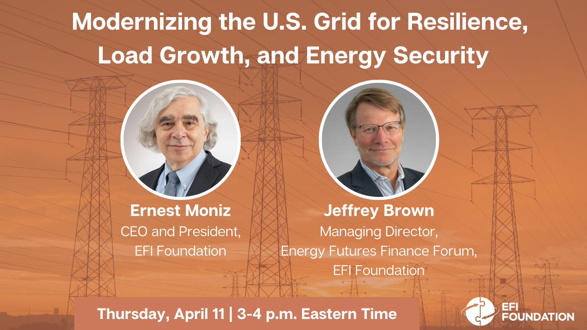 Join me and my colleague Jeff Brown tomorrow for a webinar on the @EFIFoundation’s forthcoming analysis on options to modernize the U.S. #electricity grid to bolster #transmission, #resilience, and #energy security. us06web.zoom.us/webinar/regist…