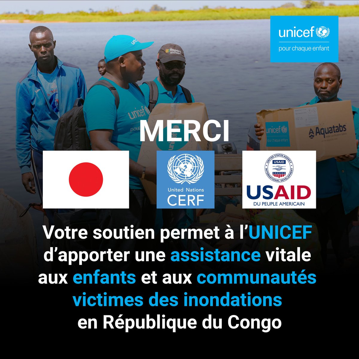 Santé, nutrition, WASH, éducation, protection et engagement communautaire :  Merci 🙏🏾 à @JapanGov 🇯🇵, @UNCERF et @USAIDSavesLives pour leur soutien sans faille à l’appui de @UNICEFcongoBZV aux pop. affectées par les inondations🌊

#UNICEFThanks @ODA_mofa_japan @Japon_RDCongo