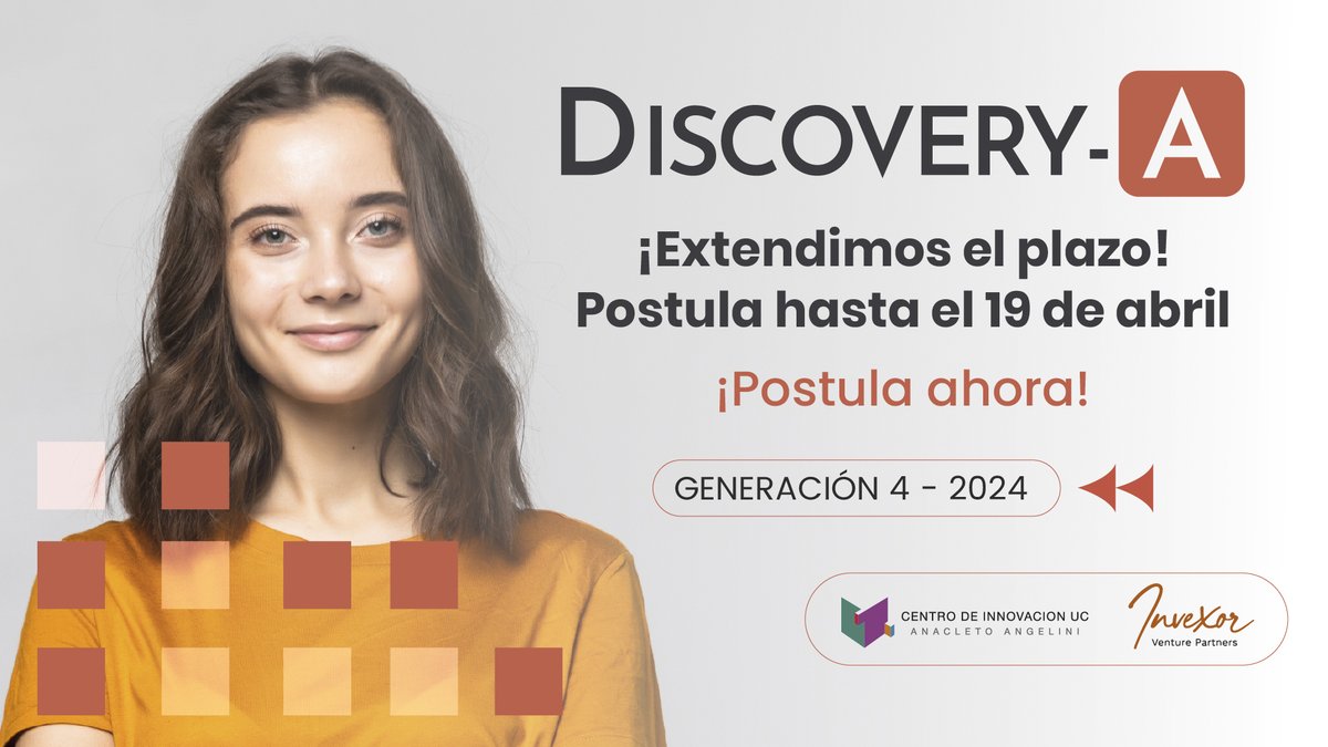 ¿No alcanzaste a postular a #DiscoveryA? ¡No te preocupes, ampliamos el plazo de postulación! Tienes hasta el 19 de abril para poder completar tu postulación y acceder al programa que impulsa a start-ups early stage con gran potencial. ¡Postula ahora! centrodeinnovacion.uc.cl/discovery-a/