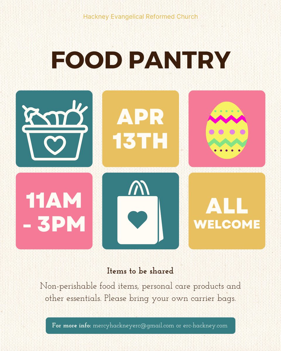 We’re hosting our Spring Pantry on Saturday 13 April! A wide range of ambient and fresh food items plus toiletries and other essentials will be available to all in our local community in #Hackney #FoodBank #CostofLiving 

Address: Lauriston Rd, Victoria Park Rd, London E9 7LH