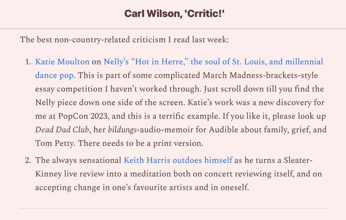 honored for the shout-out in <a href="/carlzoilus/">Carl Wilson</a>'s great new substack "crritic!" (&amp; to spread the gospel of <a href="/marchxness/">March Second Chanceness 2025</a>)! 🎶 shorturl.at/mtHUV