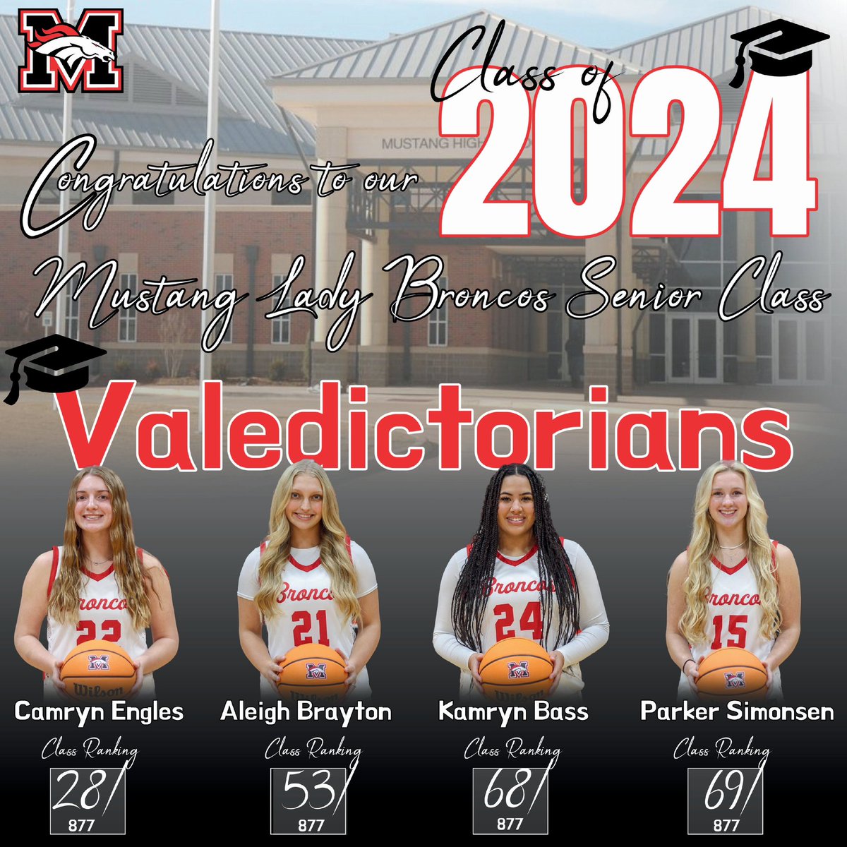 We are excited to congratulate 4 of our seniors on earning the honor of being their 2024 class Valedictorians! Just like all of our seniors, they have upheld the Mustang standards on &amp; off the court. We are so proud of their accomplishments! We love you all! #GID

<a href="/MHS_Broncos/">MHSBroncos</a>