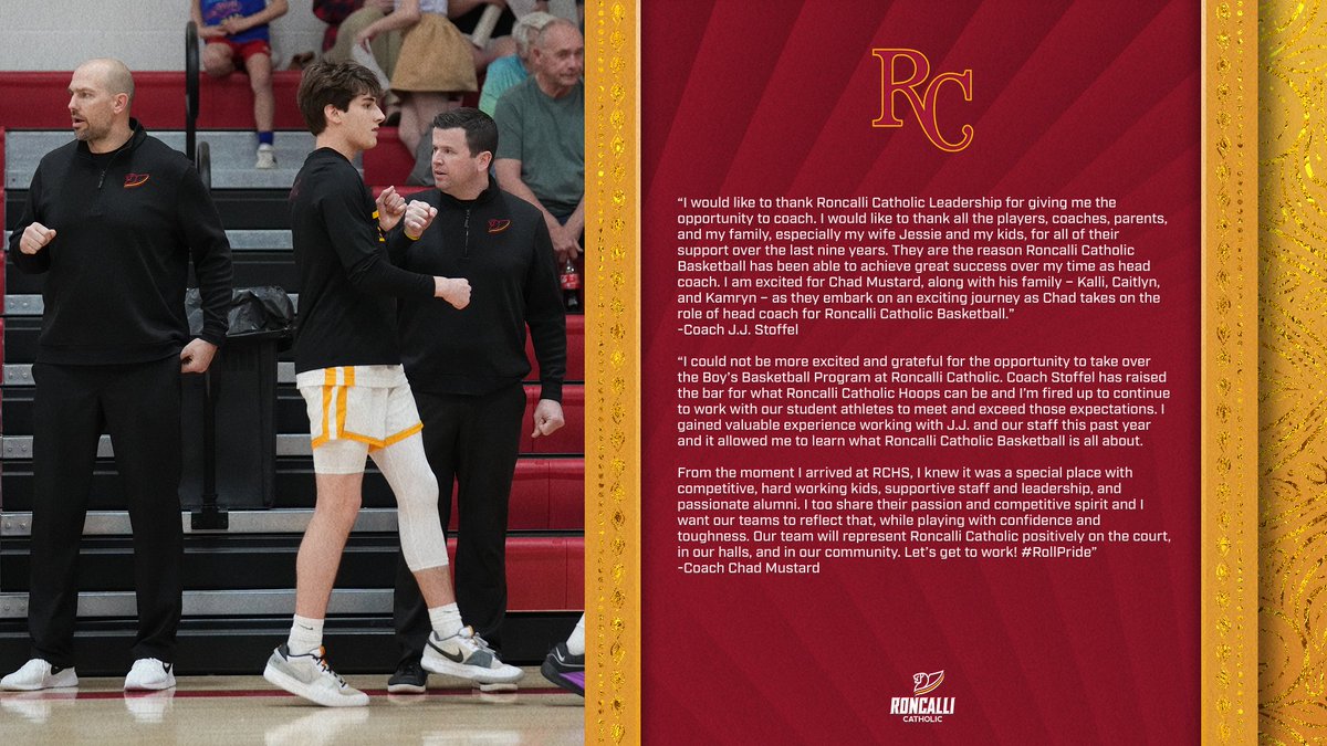 After nine successful seasons, Coach J.J. Stoffel passes the torch.  Chad Mustard will take the helm as Roncalli Catholic's Head Boys Basketball Coach. #RollPride