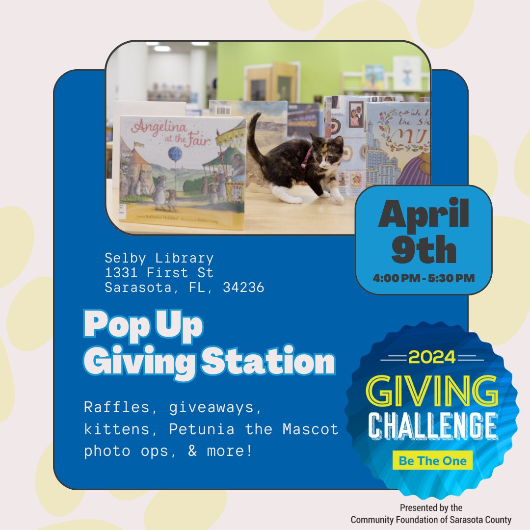 We're thrilled to be partnering with the Library Foundation for Sarasota County this Giving Challenge! Join us on April 9th from 4-5:30pm for a Giving Challenge Pop-Up Event at the Selby Public Library. #givingchallenge2024 #catdepotsaveslives #betheone #savemorelives