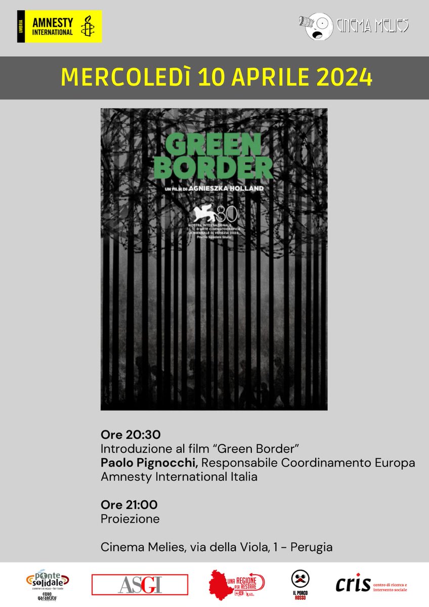 🔴 Il 10 aprile, ore 20:30, prossimo cineforum di @AmnestyPerugia con la proiezione di “Green border” presso @CineGatti 🎬 🎞 🎥 ❗️Evento con la partecipazione di @asgi_it