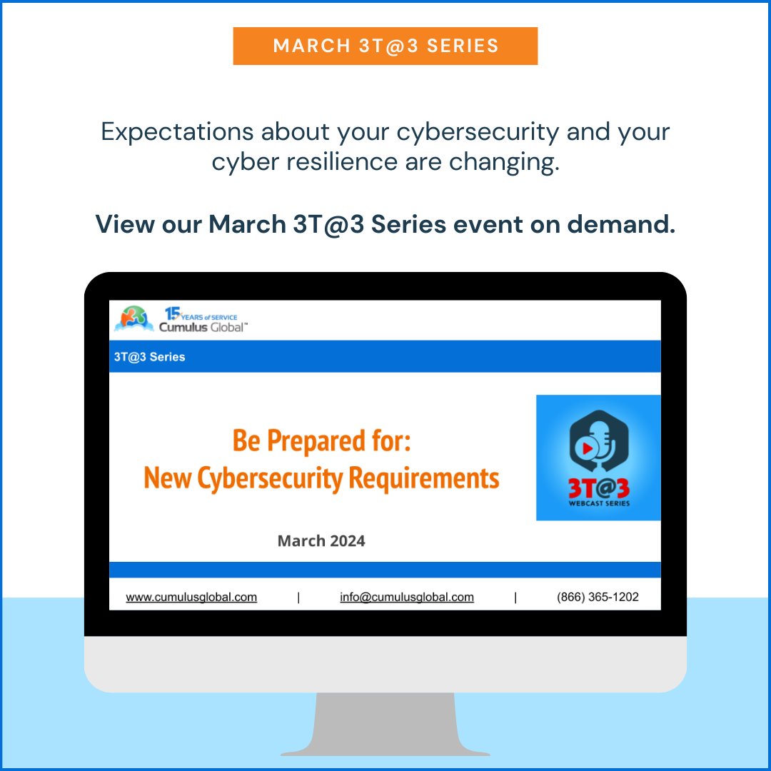 There are steps you can take to prepare for the changing cybersecurity landscape. Learn more from our March 3T@3 Series event, available on-demand. bit.ly/3PL1VZ9 

#SmallBusiness #SMB #Cybersecurity #ManagedSecurity #ManagedCloudServices