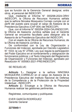 paolobenza's tweet photo. #Último En vez de completar sus decenas de plazas vacantes, Indecopi prefiere nombrar asesores para su presidenta.

Ayer designaron a Ninoska Mosqueira, quien trabajó con Karin Cáceres y el Alberto Otárola en DEVIDA.

Y para coronar: apareció porno en su web oficial. Les cuento🧵 https://t.co/mXt4kTeMJ2