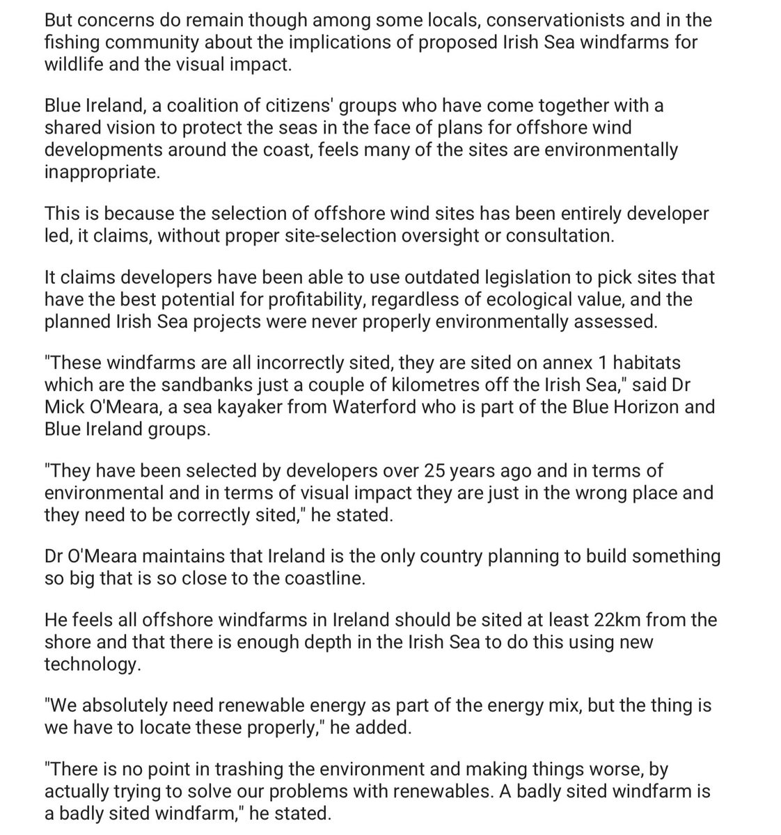 @grainnelaw ‘A badly sited wind farm is a badly sited wind farm’ says Dr Mick O’Meara,Blue Ireland ⬇️. Developer-led projects not concerned with siting best-practice, i.e. best for nature conservation-only with conservation of profits. @BlueHorizonHQ @rtenews @FairSeasIreland @coastwatch_ire