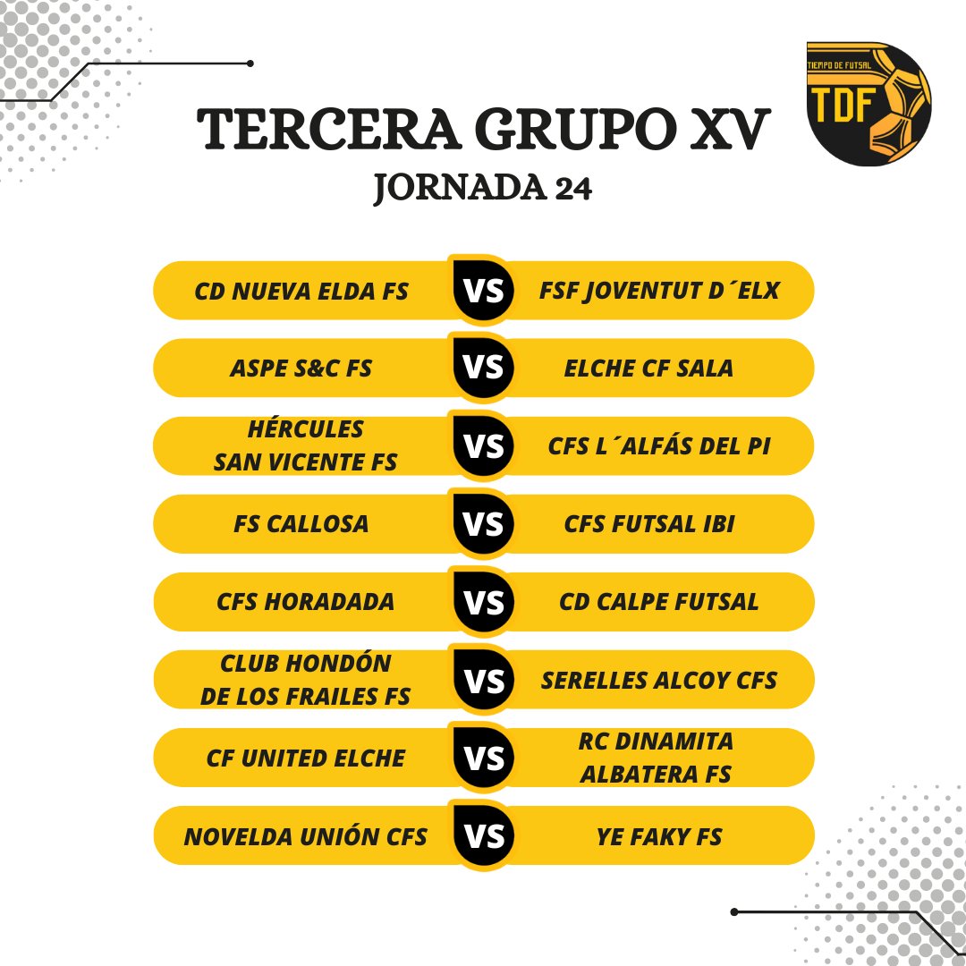 Tiempo de Futsal (@tdfutsal) on Twitter photo 𝘛𝘌𝘙𝘊𝘌𝘙𝘈 𝘋𝘐𝘝𝘐𝘚𝘐Ó𝘕 𝘎𝘙𝘜𝘗𝘖 𝘟𝘝. 𝘑𝘖𝘙𝘕𝘈𝘋𝘈 24
🔝 El CF United Elche todavía como líder del grupo abre la jornada en "Carrús" frente al <a href="/RCDAlbaterafs/">RCD Albatera F.S.</a>. Del mismo modo el <a href="/yefaky/">Ye Faky FS</a> se desplaza hasta Novelda para disputar su encuentro frente al Novelda Unión CFS. 𝘛𝘌𝘙𝘊𝘌𝘙𝘈 𝘋𝘐𝘝𝘐𝘚𝘐Ó𝘕 𝘎𝘙𝘜𝘗𝘖 𝘟𝘝. 𝘑𝘖𝘙𝘕𝘈𝘋𝘈 24
🔝 El CF United Elche todavía como líder del grupo abre la jornada en "Carrús" frente al <a href="/RCDAlbaterafs/">RCD Albatera F.S.</a>. Del mismo modo el <a href="/yefaky/">Ye Faky FS</a> se desplaza hasta Novelda para disputar su encuentro frente al Novelda Unión CFS.