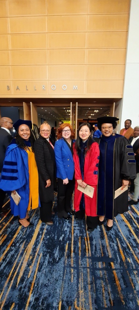 This week, NCTE members and leaders came together at the inauguration ceremony of the 15th president of @JCSUniversity, Dr. @ValerieKinloch, NCTE president 2021-22. Celebrating Dr. Kinloch were NCTE Executive Director Emily Kirkpatrick and NCTE President-Elect Tonya B. Perry.