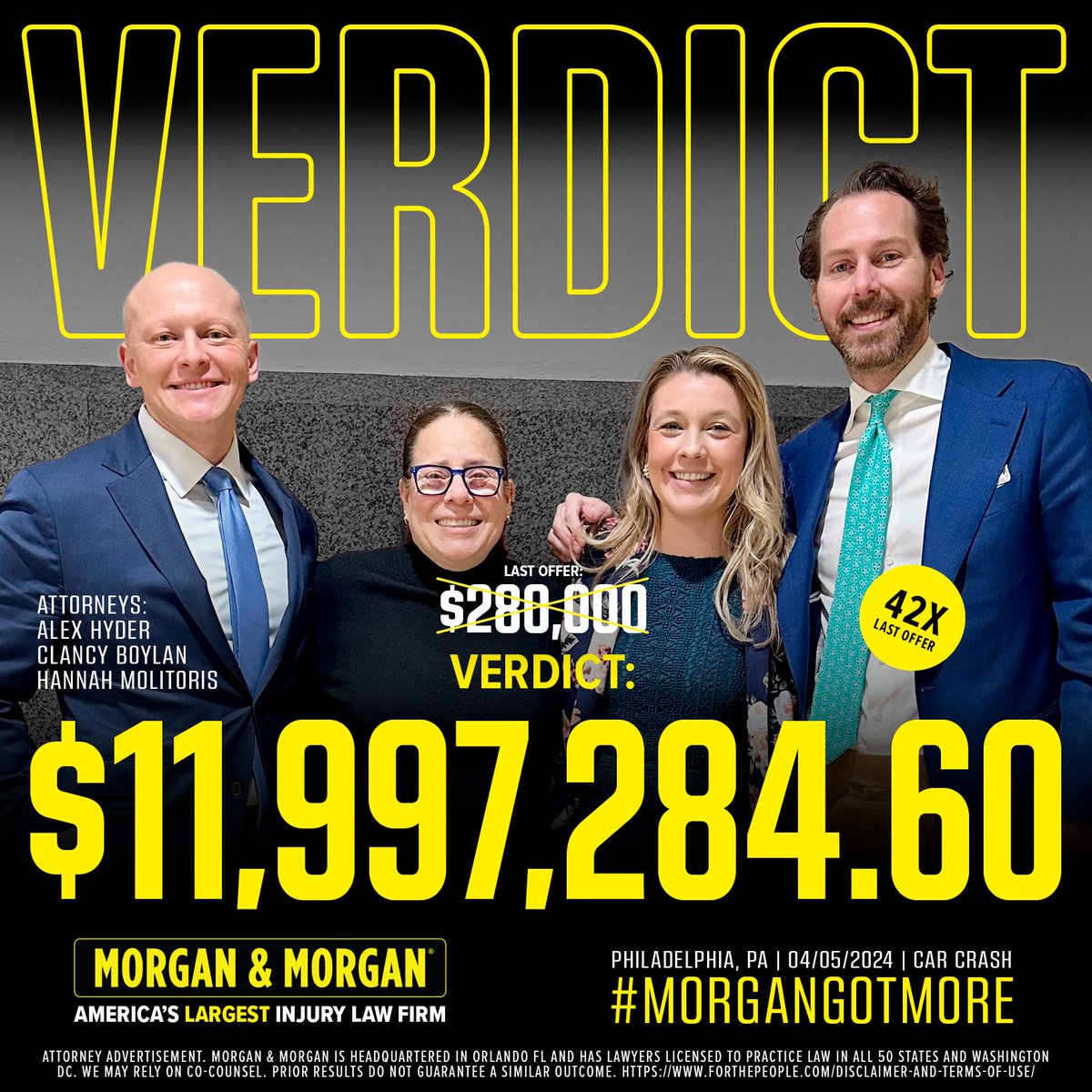 🚨#VerdictAlert: Alex Hyder, Clancy Boylan and Hannah Molitoris just secured a $11,997,284.60 verdict for our client in Philadelphia! So proud of this team for receiving 42x the last offer from big insurance #ForThePeople 💪