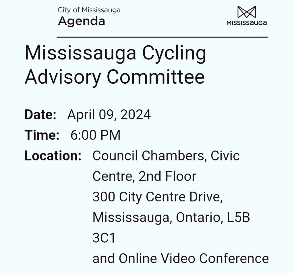 MISSISSAUGA CYCLING ADVISORY CMTE: Tues April 9 @ 6:00pm at City Hall. MCAC Agenda + Reports 📄 🔗: pub-mississauga.escribemeetings.com/Meeting.aspx?I… 👉🏼 ITEM 7.2 Cycling Outreach Program 2024 with event calendar 🗓 #bikeMississauga 🚲 Also livestreamed/archived 🖥👥💬 🔗: mississauga.ca/council/counci…
