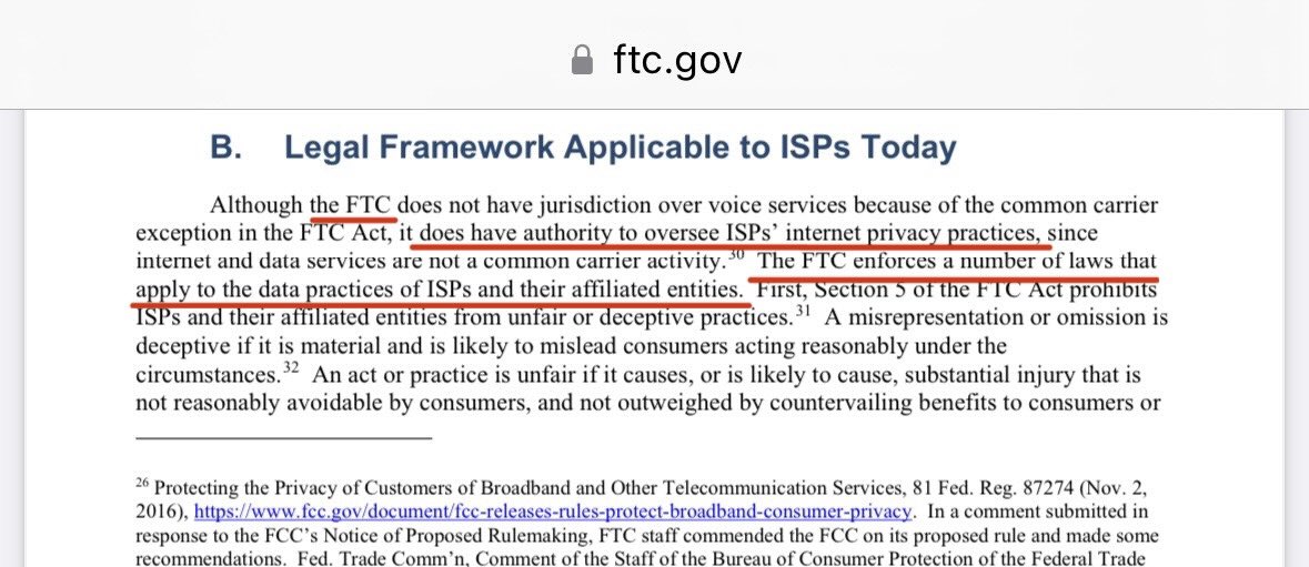 The gaslighting continues. The FCC’s 435 page plan for increasing government control of the Internet doesn’t go 2 paragraphs before falsely stating that the plan is necessary b/c there’s no federal oversight of broadband today. There is. The FTC already has oversight authority.