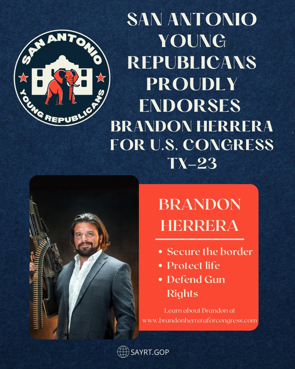 We are proud to endorse Brandon Herrera for Texas Congressional District 23! He is a strong conservative who shares our values & is committed to fighting to secure our border, defend our Second Amendment rights, protect the sanctity of life & promote a culture of pro-life values.