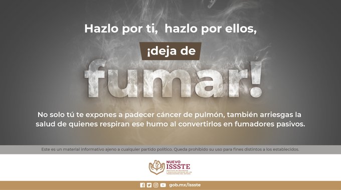 📷 Aproximadamente el 80% de las muertes por #CáncerDePulmón se deben al hábito de fumar.
¡Toma en cuenta esto 📷 y cuida tu salud!
#IssstePuebla