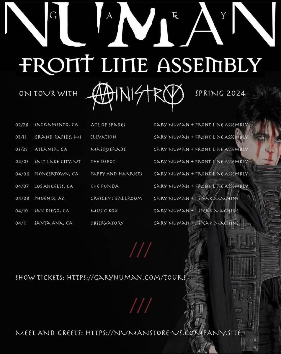 Sad to say the show tonight in Tucson is our last with Ministry on this run (although I have another five of my own still to play over the next few days). Tickets: garynuman.com/tours