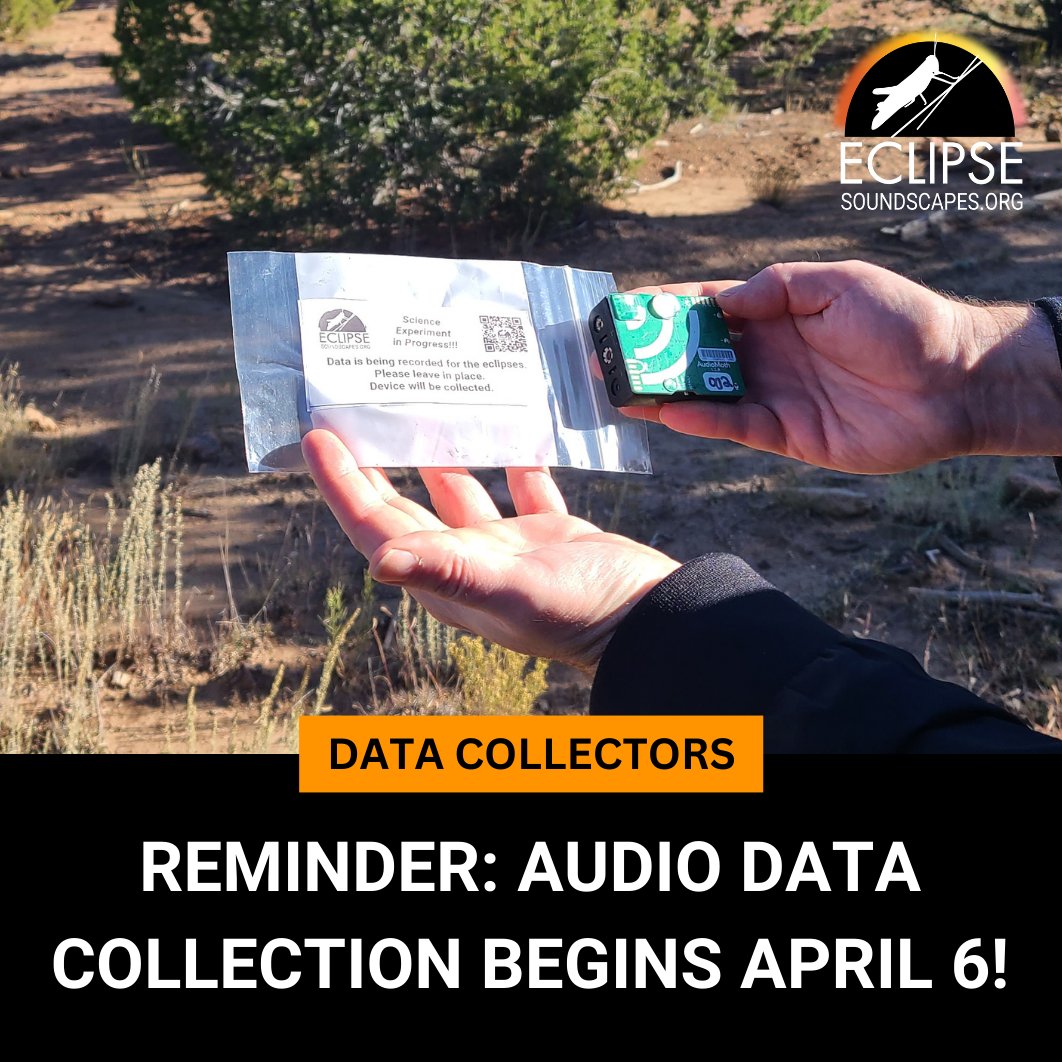 Our Eclipse Soundscapes Data Collectors will be deploying their AudioMoths tomorrow morning, April 6. These tiny recorders will stay on location through April 10 so we can measure changes in soundscapes before, during, and after the eclipse. #Eclipse2024 #OneMillionActsOfScience