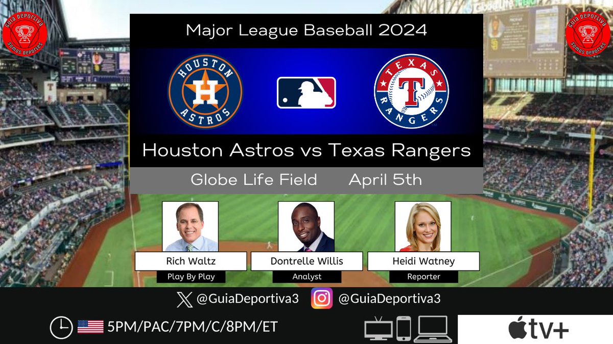 🚀 @astros 🆚 @Rangers 🤠
#MajorLeagueBaseball on 📺 💻📲 @AppleTV + with 🎙 @RichWaltz @DTrainMLB @HeidiWatney #FridayNightBaseball #SomosDeportes #SomosGuia #GuiaDeportiva9 
⏰ 5PM/PAC/7PM/C/8PM/ET
CC: @Rafacrack03 @SwagLegend_ @JUANDeLaRosa217