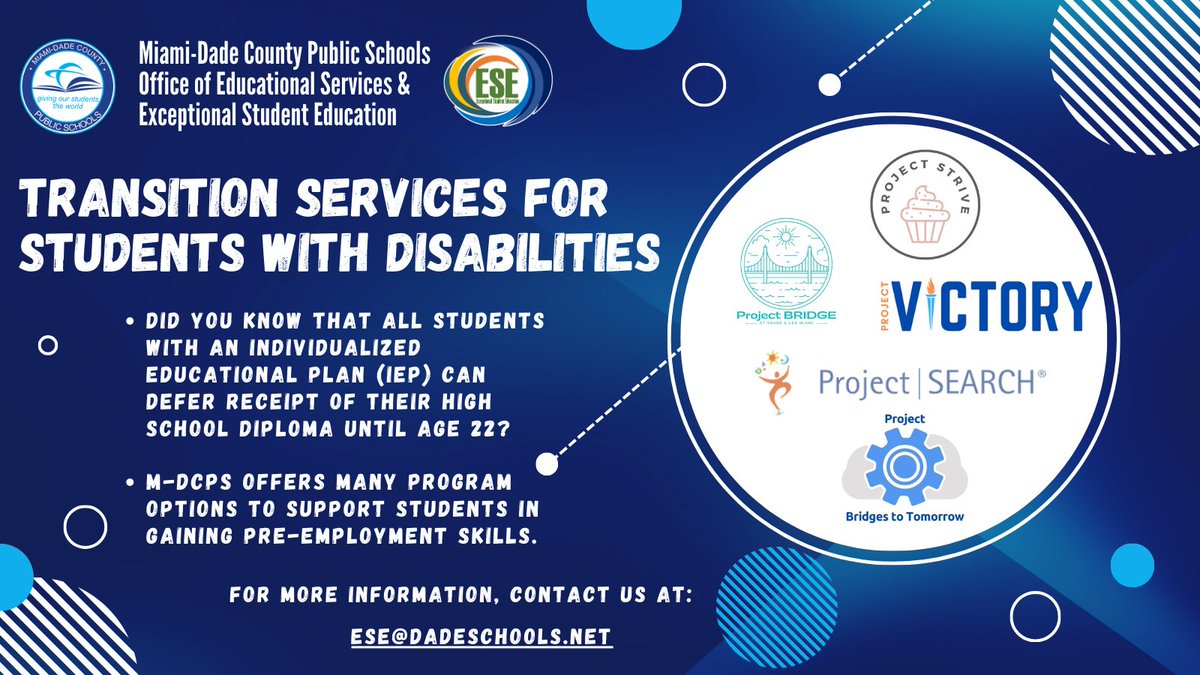 Did you know that <a href="/MDCPS/">Miami-Dade Schools</a> <a href="/OfficeofESE/">M-DCPS Department of ESE</a> offers a variety of options for students w/disabilities choosing to defer receipt of the HS diploma to explore jobs &amp;/or post-secondary education? Reach us at ESE@dadeschools.net for more information! <a href="/SuptDotres/">Jose L. Dotres, Ed.D.</a> <a href="/LDIAZ_CAO/">Lourdes Diaz</a> <a href="/AngieTorresDade/">Angie Torres</a>