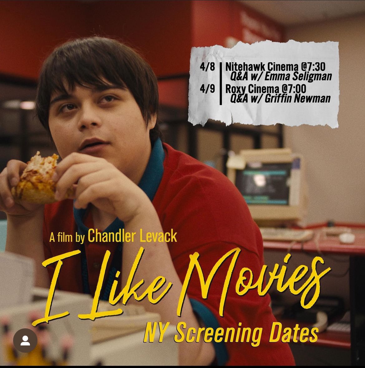 New York is LITERALLY SHAKING with excitement for the US screenings of I Like Movies at @RoxyCinemaNYC ! Monday the 8th feat. Q&A hosted by HOLLYWOOD SUPERSTAR Emma Seligman! Tuesday the 9th feat. Q&A hosted by HOLLYWOOD/PODCAST SUPERSTAR Griffin Newman!