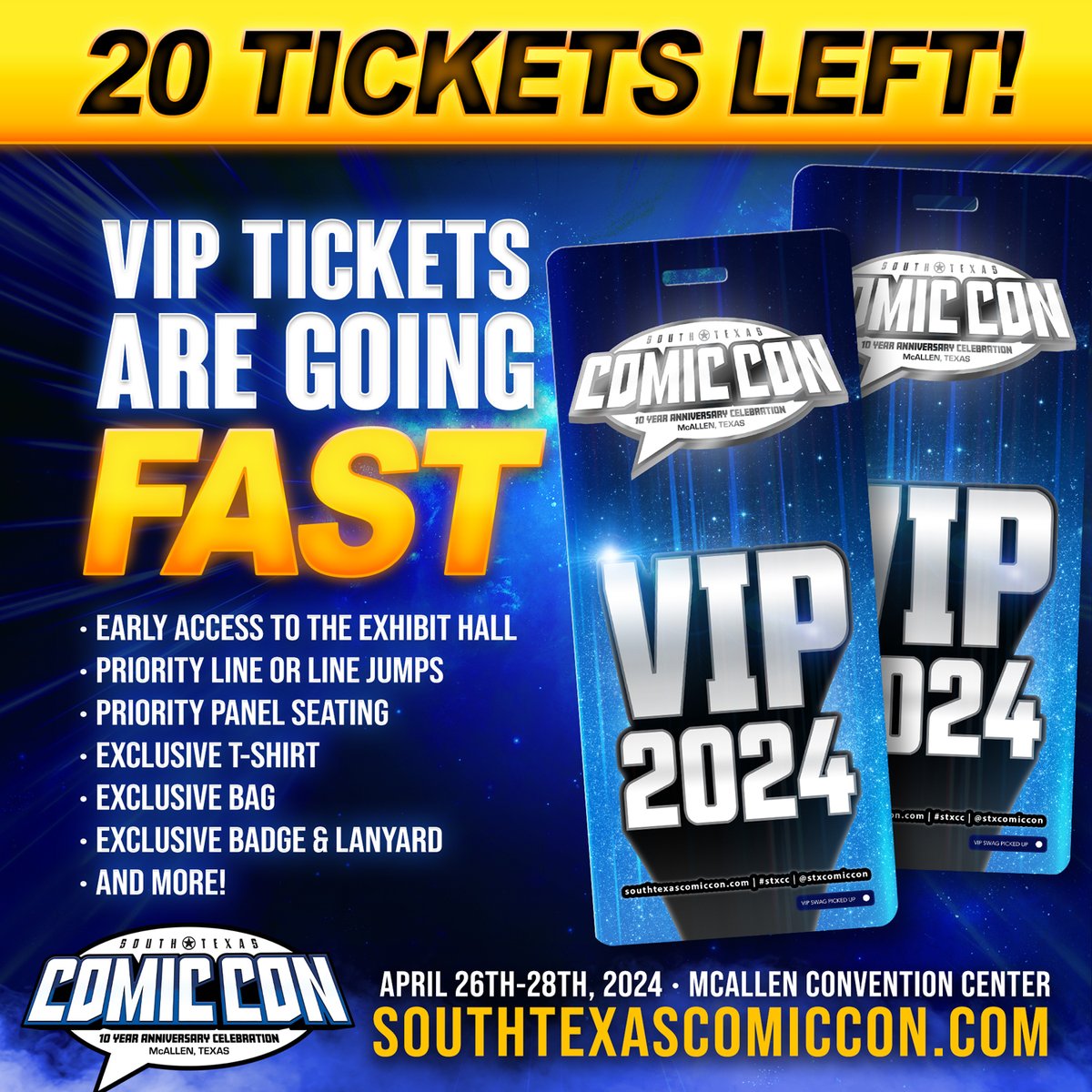 Hurry before they're gone! We have about 20 VIP Tickets left! 🤩 Don't miss out on early access and exclusive merch – grab yours now at southtexascomiccon.com 🚀

#southtexascomiccon #rgv #stxcc #mcallen #stxcomiccon #mcallenconventioncenter #stxcc2024 #vip #viptickets