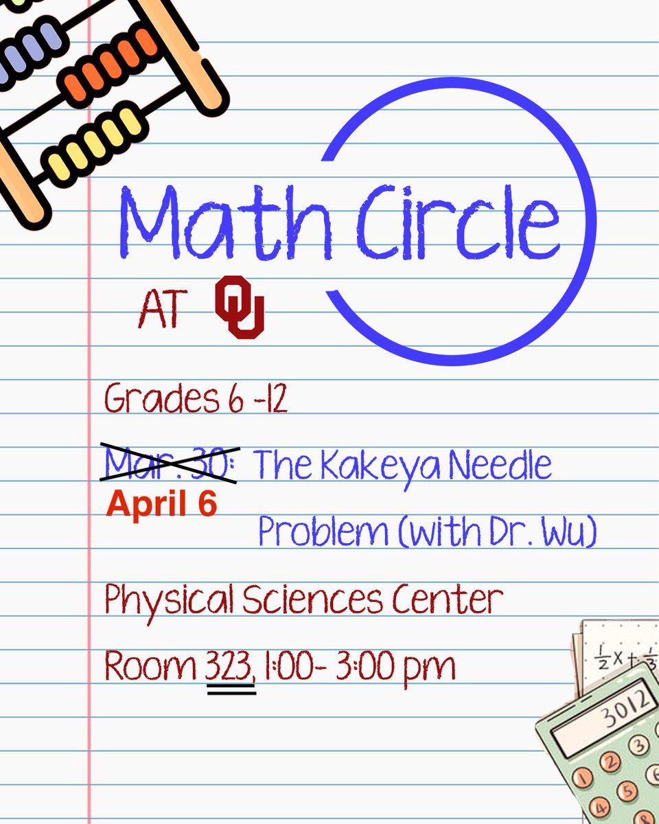 OU_Mathematics's tweet image. Who would have thought that turning a needle could be harder than finding a needle in the haystack?  Learn how at the #OUMathCircle #MathCircle  #OUMath  (Note the updated date and location!)