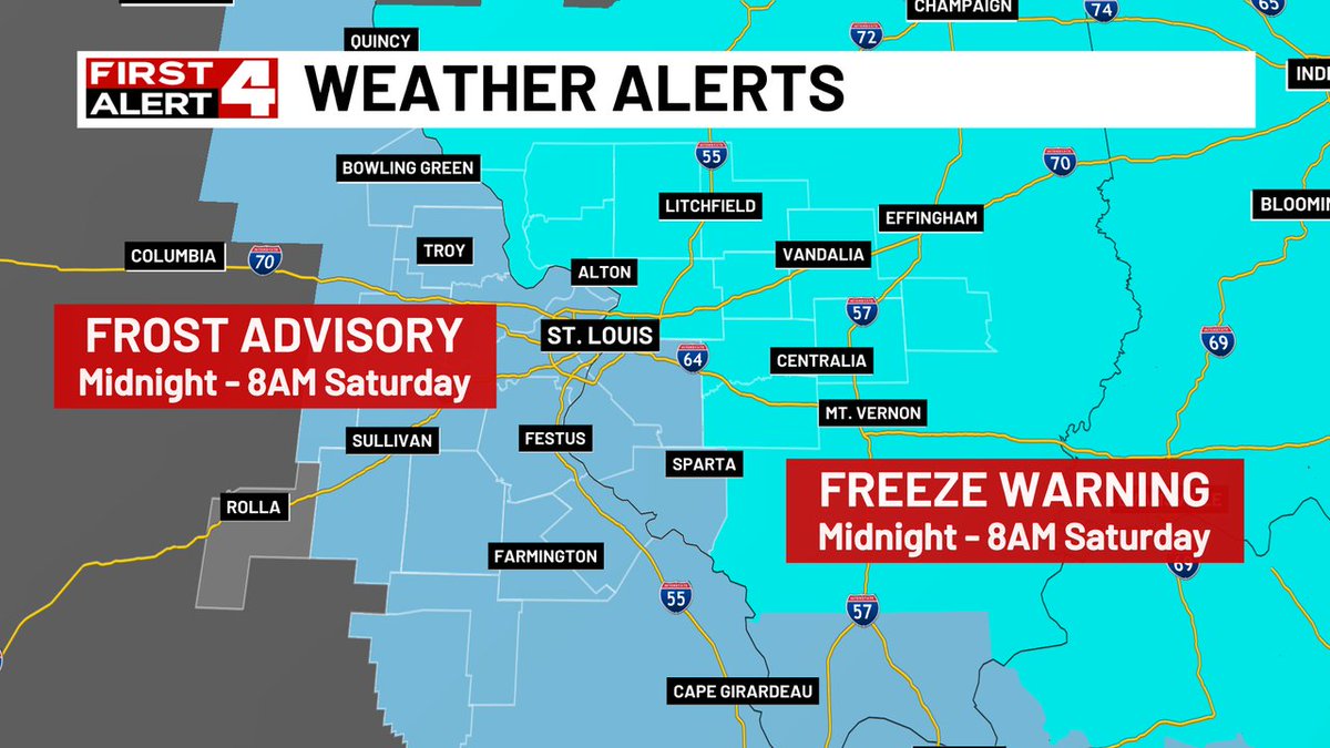 Just a heads up that we have one more chilly night, frosty in STL with a low near 35 but some outlying areas east may have a light freeze with temps slightly below freezing. Then a warmer day and weekend is on tap. #FirstAlert4