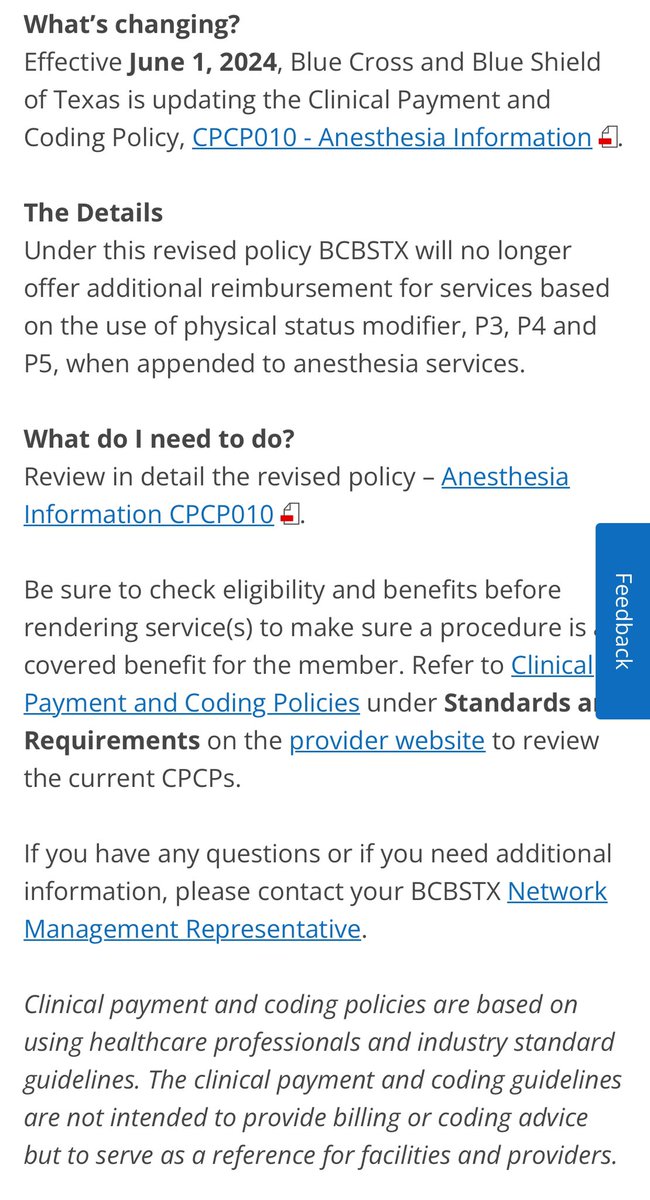 ‼️🚨So @AHIPCoverage @txhealthplans @BCBSAssociation member @BCBSTX are changing their Anesthesia Coding Policy (CPCP010) June 2024 - they will no longer offer payment for ASA physical status (P code) modifiers on anesthesia services. This will negatively impact physician