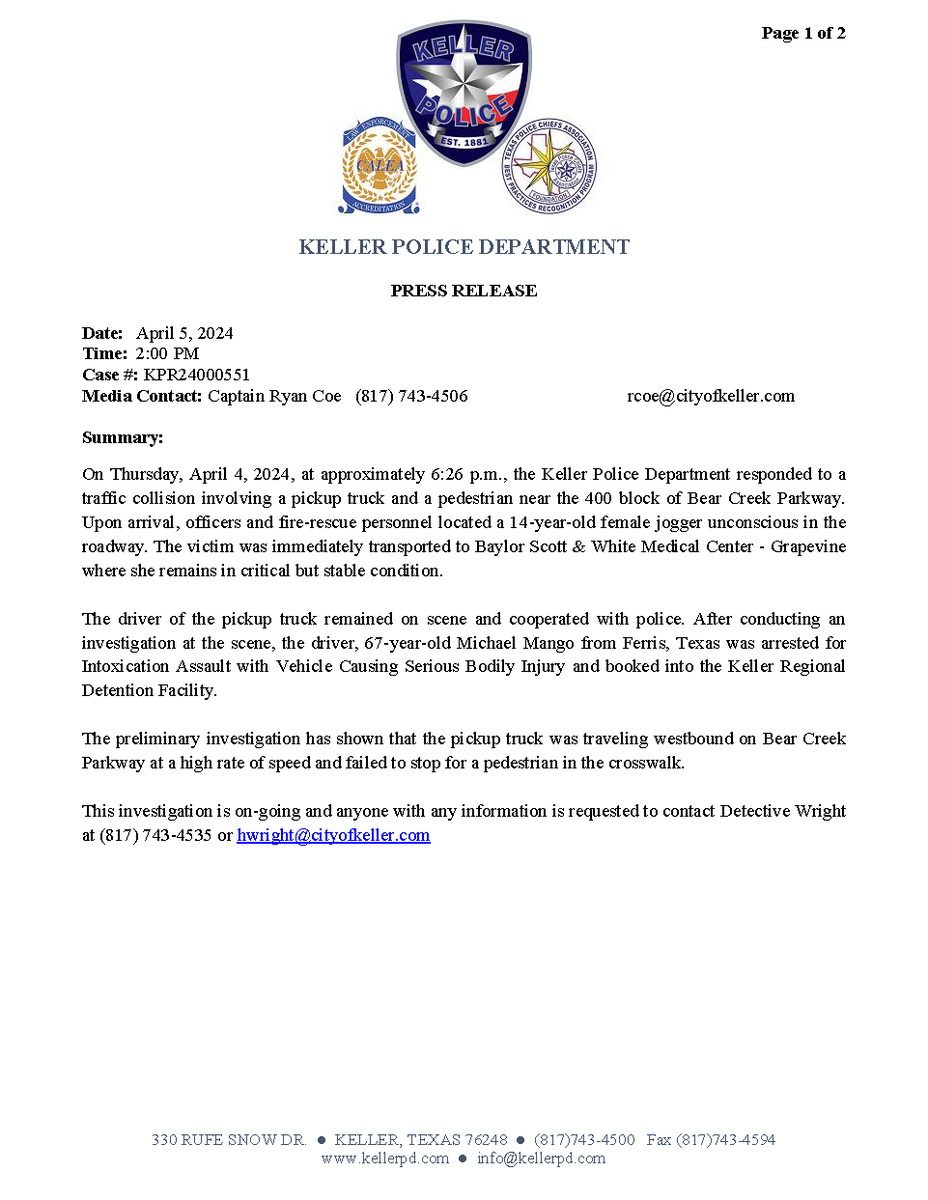 KellerPolice's tweet photo. MEDIA: This is the latest on the auto-pedestrian incident last night. https://t.co/A2MlkQMkkW