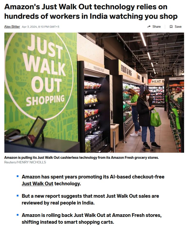 acfti's tweet photo. The "Just Walk Out" technology, which was labeled as automatic, was actually 1,000+ Indian employees monitoring you as you walked through the store. This is a very interesting reflection in Linkedin from Arto Lanamäki, Lecturer at University of Oulu https://t.co/QRAvBE6TuR