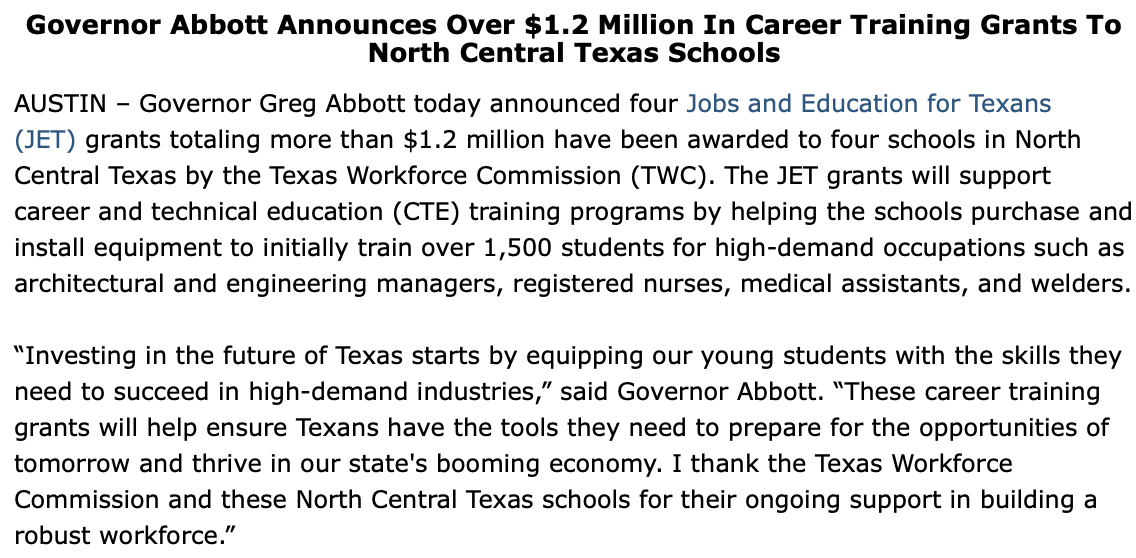 Governor Abbott Press Office (@govabbottpress) on Twitter photo Announcing over $1.2 million in job training grants to four schools in North Central Texas. <a href="/TXWorkforce/">Texas Workforce Commission</a>
Equipping young students with the skills they need to succeed in high-demand industries is critical for the future of Texas.
More: bit.ly/4al0SY3 Announcing over $1.2 million in job training grants to four schools in North Central Texas. <a href="/TXWorkforce/">Texas Workforce Commission</a>
Equipping young students with the skills they need to succeed in high-demand industries is critical for the future of Texas.
More: bit.ly/4al0SY3