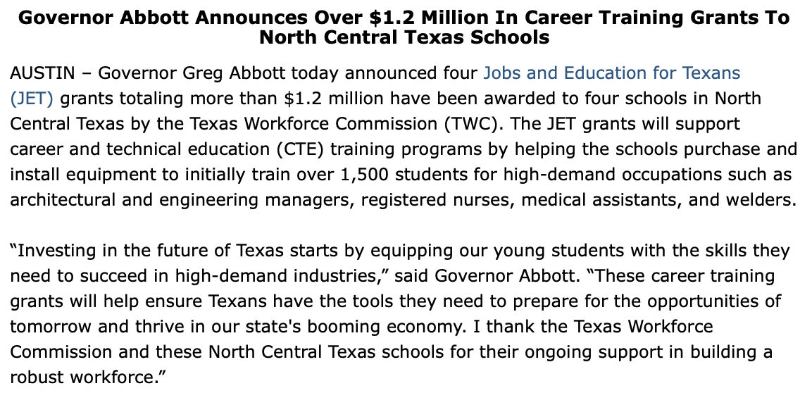 Announcing over $1.2 million in job training grants to four schools in North Central Texas. @TXWorkforce Equipping young students with the skills they need to succeed in high-demand industries is critical for the future of Texas. More: bit.ly/4al0SY3