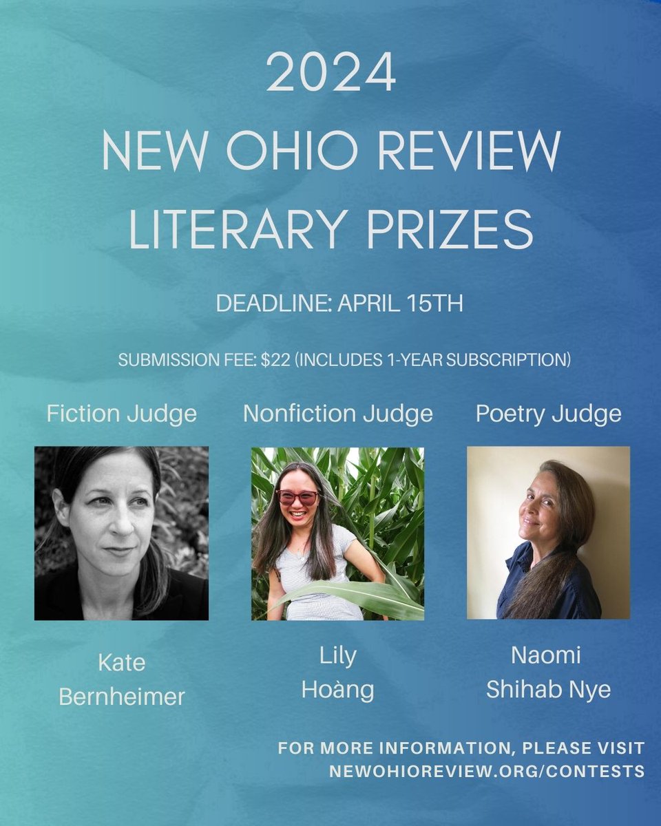 Don't forget to submit to the NOR Literary Prizes in Fiction, Nonfiction, and Poetry! The submission deadline is tomorrow, April 15th. Submission includes a 1-year subscription to New Ohio Review and consideration for publication!