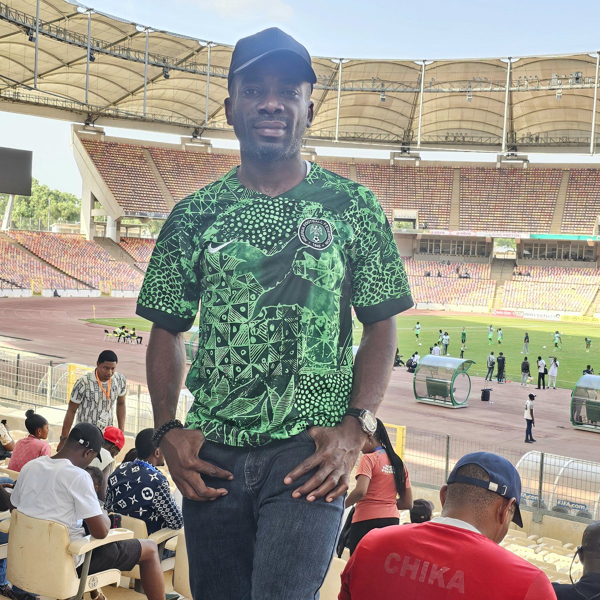 From Airport straight to support @NGSuper_Falcons . We had a slim win and hope to consolidate at Pretoria on Tuesday cos #Paris2024 is non-negotiable #SoarSuperFalcons #OlympicsQualifier