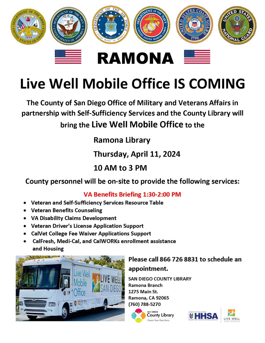 Join the @LiveWoWBus at the Ramona Library, Thursday, April 11 from 10AM-3 PM with county resources and services. See you there! #omva @ramonacommunitylibrary