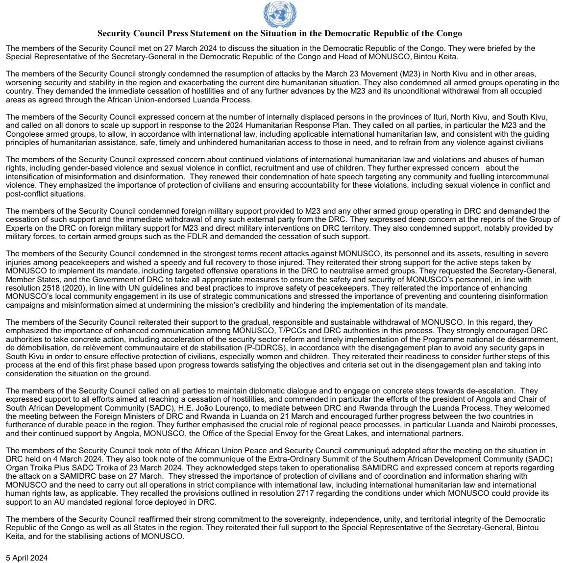 🇺🇳Security Council Press Statement on the Situation in the🇨🇩#DRC #UNSC members condemned the resumption of attacks by the M23 in North Kivu & in other areas & demanded the immediate cessation of hostilities. They also condemned attacks against @MONUSCO. Full statement ⬇️