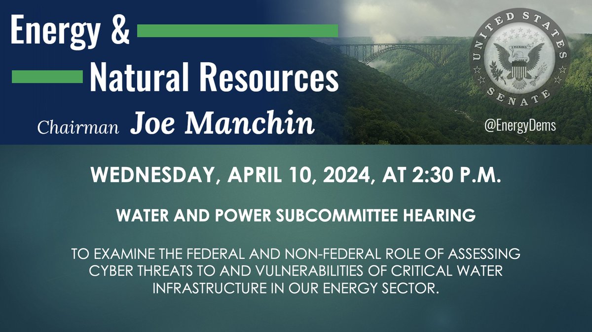 NOTICE: On Wednesday, April 10, Water and Power Subcommittee Chair @RonWyden will hold a hearing to examine the federal and non-federal role of assessing cyber threats to and vulnerabilities of critical water infrastructure in our energy sector. More: energy.senate.gov