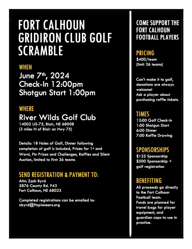 Registration now open for the 25th Annual Fort Calhoun Gridiron Club Golf Fundraiser. Sponsorship opportunities are available. Contact Coach Byrd for registration and any questions you may have. We look forward to seeing you again this year!
Registration: docs.google.com/document/d/1jh…