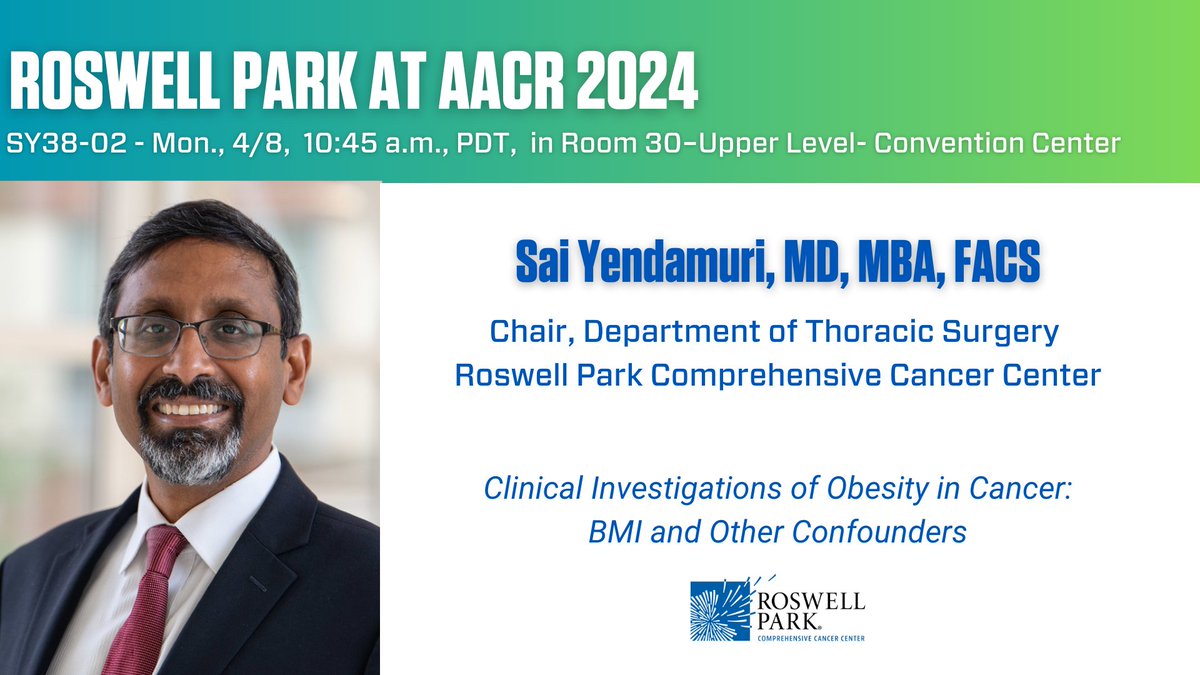 Join Roswell Park's Chair of Thoracic Surgery Sai Yendamuri, MD, as he presents at #AACR24. 📍: Room 30, Upper Level, San Diego Convention Center ⏰ : Mon. 4/8 at 10:45 AM – 11:05 AM PDT Learn more: abstractsonline.com/pp8/#!/20272/p….