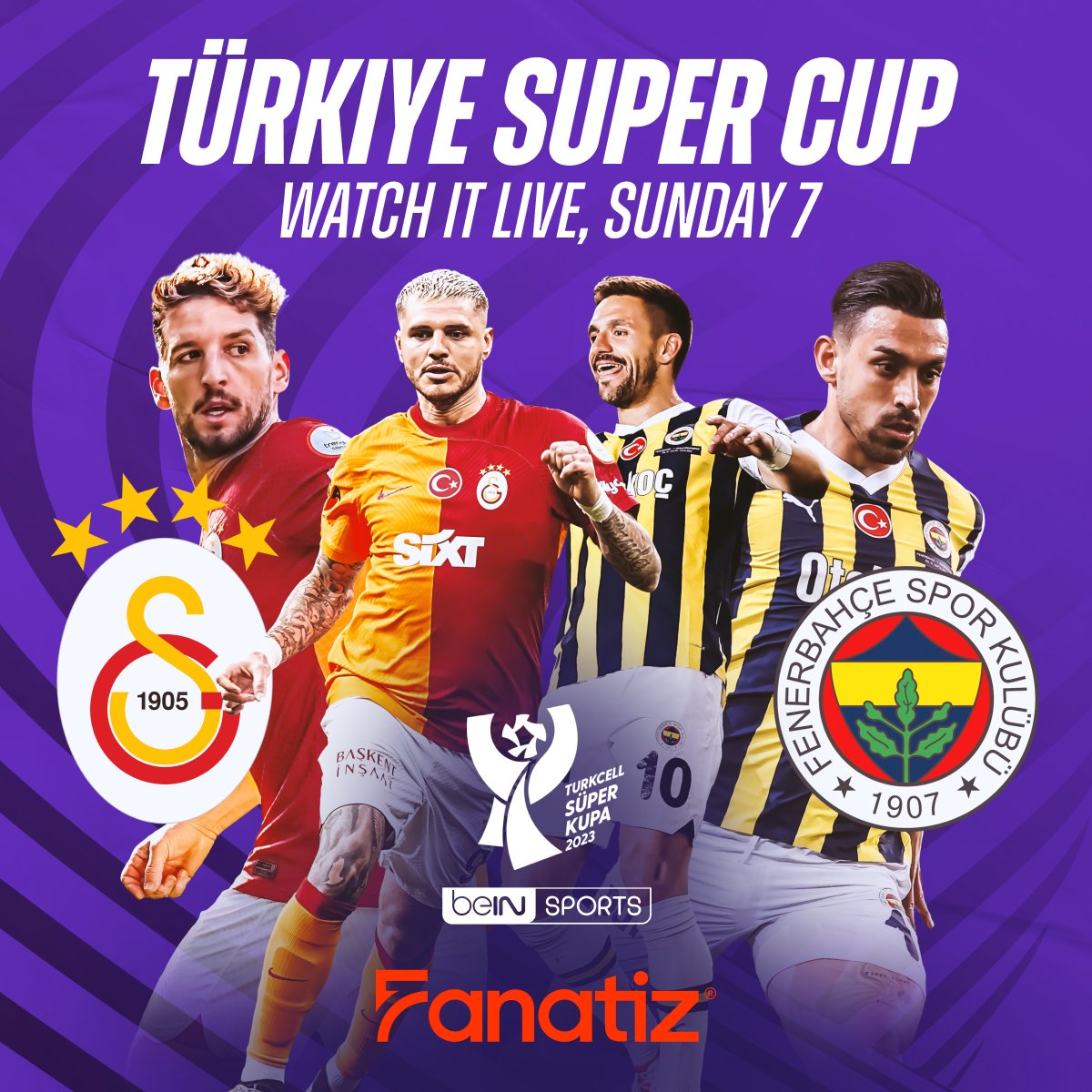Watch the Turkish Super Cup Final this Sunday on @beinsportsusa with a #Fanatiz Front-Row Subscription in the 🇺🇸 and 🇨🇦! Which team are you backing? 👀 👉 SUBSCRIBE NOW 👈 fntz.co/fz #TurkishSuperCup #Galatasaray #Fenerbahce