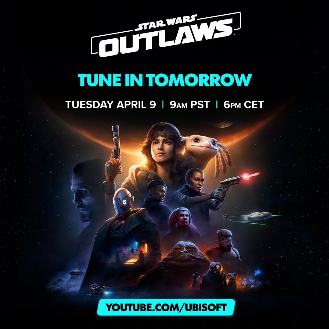 StarWarsOutlaws's tweet photo. Watch the World Premiere of the Star Wars Outlaws Story Trailer. Join us tomorrow at 9AM PST / 6PM CET.