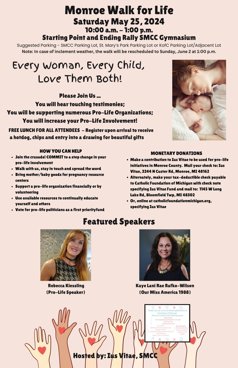 Another local speaking event coming up in Monroe, Michigan on Saturday, May 25th. If you'll be around Memorial Weekend, please let me know if you can come participate in this Walk for Life and hear me share my #prolife story!