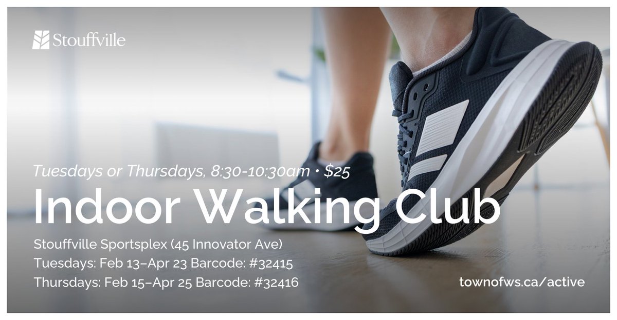 🚶‍♀️🚶‍♂️ It's not too late to step up your fitness game with our Indoor Walking Club! Join us every Tuesday & Thursday morning for invigorating walks inside Stouffville Sportsplex now through April 25! For more info, visit townofws.ca/active and use codes 32415 & 32416.