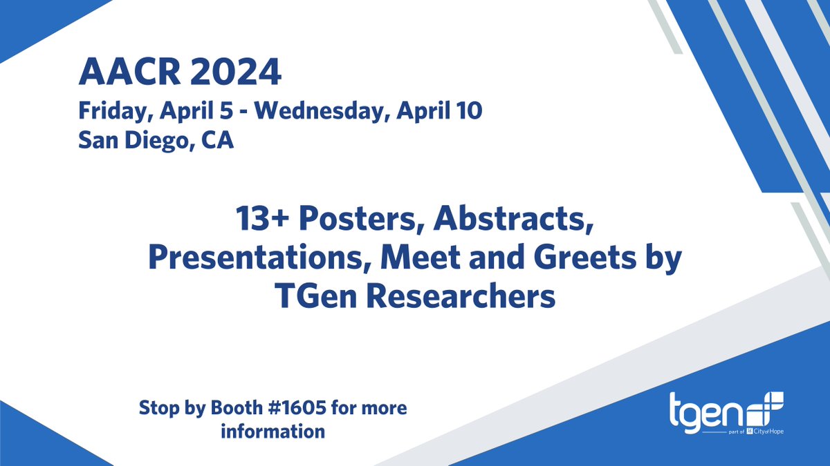 TGen is proud to be a participant and attendee at the annual @AACR conference. TGen Researchers will begin presenting their posters on Sunday, April 7. Be sure to stop by the City of Hope booth #1605 to learn more about TGen, our work, and opportunities to connect.