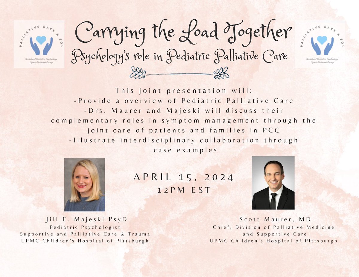 SPP Palliative Care and End of Life SIG (@spp_palleol) on Twitter photo Join us on Zoom with the wonderful <a href="/ScottMaurerMD/">Scott Maurer, MD</a>, Chief of the Division of Palliative & Supportive Care at <a href="/ChildrensPgh/">UPMC Children's Hospital of Pittsburgh</a> to hear about interdisciplinary collaboration with #pedpsych in pediatric palliative care 4/15 at noon EST. #PedPc #HPM #pedspsych #HAPC
Link below: Join us on Zoom with the wonderful <a href="/ScottMaurerMD/">Scott Maurer, MD</a>, Chief of the Division of Palliative & Supportive Care at <a href="/ChildrensPgh/">UPMC Children's Hospital of Pittsburgh</a> to hear about interdisciplinary collaboration with #pedpsych in pediatric palliative care 4/15 at noon EST. #PedPc #HPM #pedspsych #HAPC
Link below:
